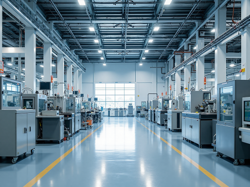 Modern manufacturing facility with advanced machinery and clean production environment, showing industrial equipment and quality control processes