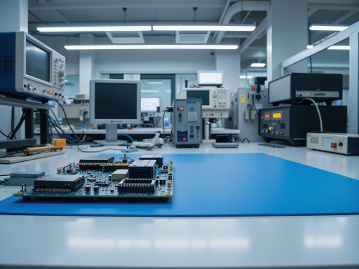 Electronic components and circuit boards on manufacturing table, showing precision electronic parts and quality control tools