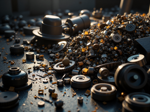 Mechanical parts and components on industrial workbench, showing metal fabrication and precision machining parts